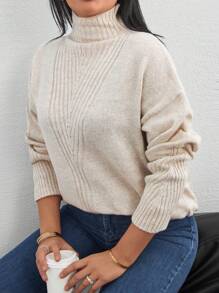 RueChic Plus High-Neck Asymmetric Knit Design Detailed Soft Yarn Sweater, For Winter - Apricot - View 3