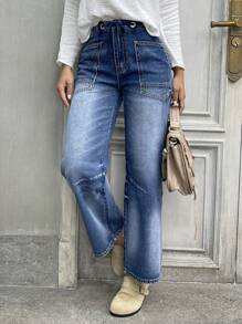 Pocket Drawstring Casual All-Match Straight Jeans For Women Spring - Dark Wash - View 7