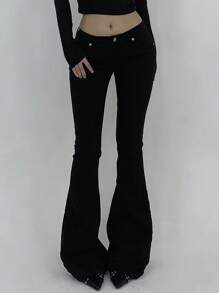 DAZY Tight Fit Låg midja för kvinnor Svarta High Stretch Flare Jeans - Svart - Visa 3