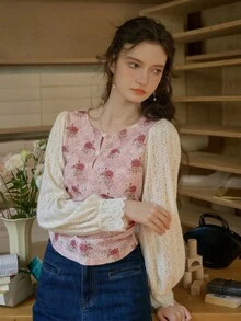 Simple Retro Women's Round Collar Full Print Rose Shirt - Pink - View 3