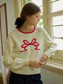 Simple Retro Áo len cổ tròn màu sắc Bowknot Clash dành cho nữ - Màu be - Xem 8
