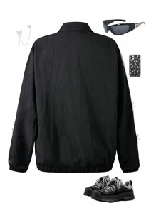 SHEIN 少女领口图案前开襟羊毛衫，甜美又别致 - 黑色 - 查看 2