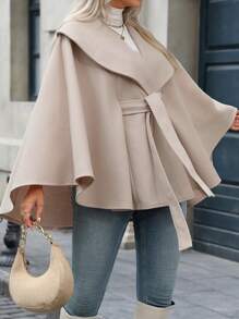 Flirla Manteau oversize femme de couleur unie avec taille cintrée, col revers, manches longues, adapté pour l'automne et l'hiver - Nude - Voir 5