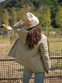 LanaWest Women Casual Khaki Round Neck Button Pocket Quilted Padded Padded Coat Clothes Winter