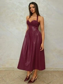 SHEIN BAE 1pc Women Solid Color Waist Cinch Halter Neck Dress - Burgundy - View 4