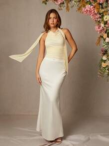 L'Amorae 1pc Women Sleeveless Ruched Backless Bodysuit - Apricot - View 6