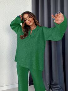 SHEIN Cottnline 2 件套女士简约纯色 V 领长袖上衣和裤子 - 墨綠色 - 查看 4
