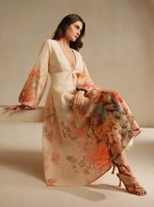 Anewsta Vestido de manga larga con estampado floral, suave y romántico, apropiado para vacaciones a principios del otoño