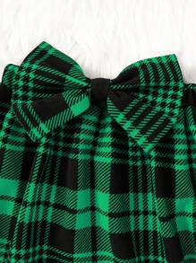 Young Girl 2 Pcs / Sets Cute Plaid Patchwork School Style Outfits , Ruffle Long Sleeve Mock Neck Knit Tee Top & Big Bowknot Detail Skirt,Great For Casual & Daily Wear & School Daily In Autumn & Winter, For Christmas