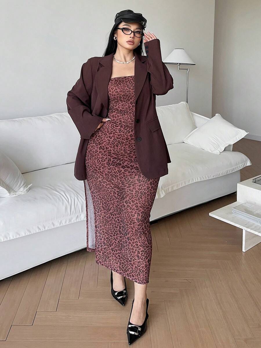 Calvaya Bộ 2 món cỡ lớn: Váy hở vai họa tiết da báo & Áo khoác blazer thường ngày, Phong cách thanh lịch & tối giản cho công việc & giải trí - màu nâu - Xem 1