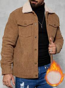 Manfinity Homme 男士休闲灯芯绒保暖内衬夹克，秋冬季外出保暖长袖卡其色拼色夹克，适合朋友、丈夫、男朋友的礼物 - 咖啡棕 - 查看 4