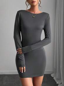 INAWLY 女士纯色露背圆领长袖性感短裙 - 灰色 - 查看 5