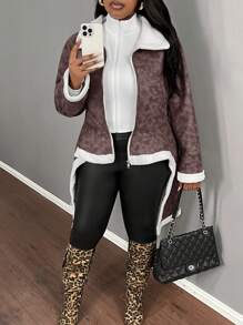 Slaydiva Elegant & Party & Date Bodycon Long Sleeve Asymmetrical Hem Pockets Zipper Brown PU Contrast Thermal Lined Women Plus Size Long Coat, Autumn/Winter