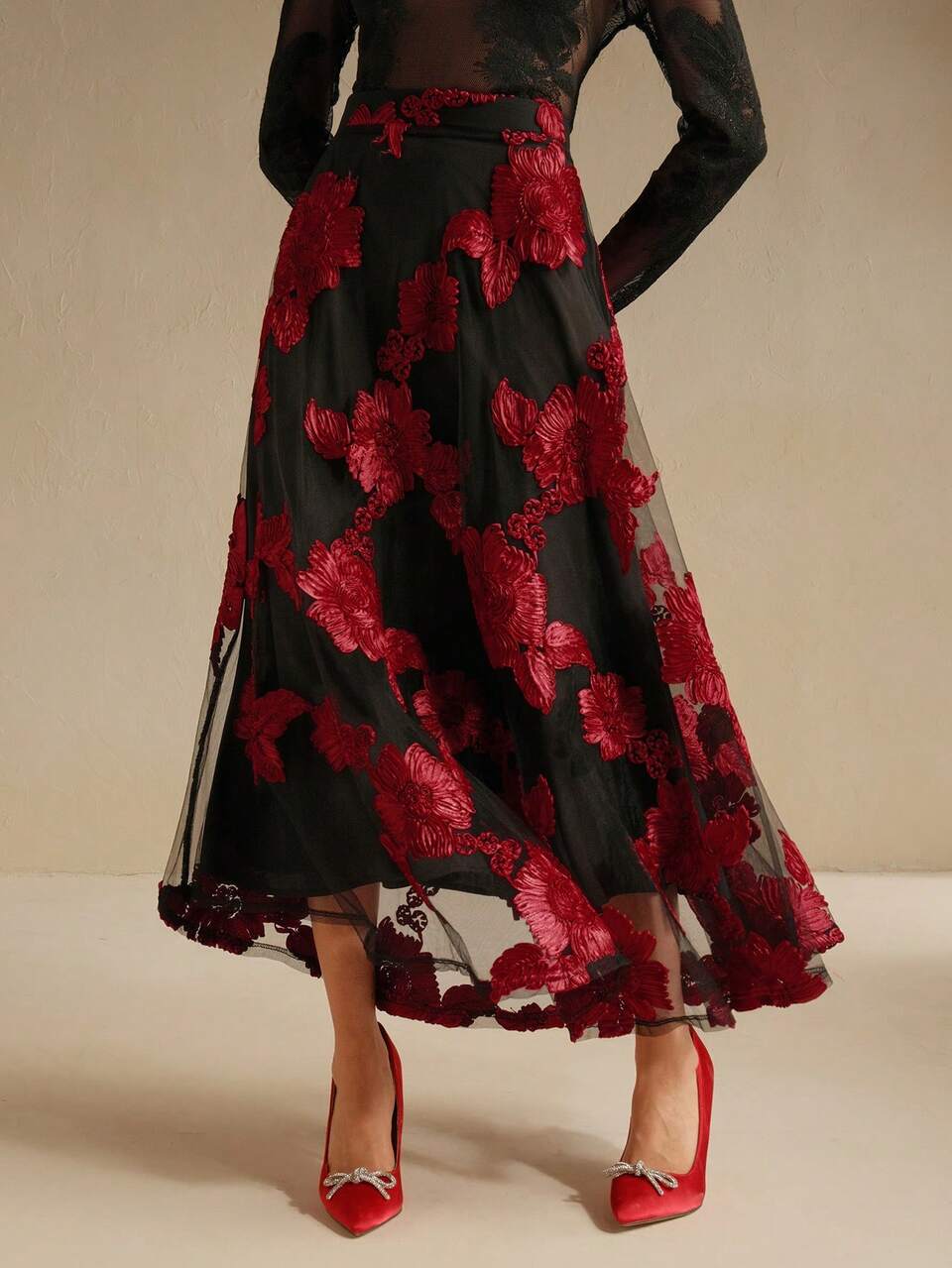 Anewsta New Vintage Elegant Versatile Floral Embroidery Mesh High Waist A-Line Skirt, Autumn/Spring Maxi, Christmas