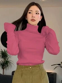 DAZY 女士纯色高领紧身 T 恤，适合秋季、圣诞节、春季、夏季长袖女上衣、秋季女装 - 玫紅色 - 查看 4