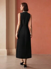 MOTF PREMIUM 仿珍珠串珠立领褶饰腰长裙 - 黑色 - 查看 8