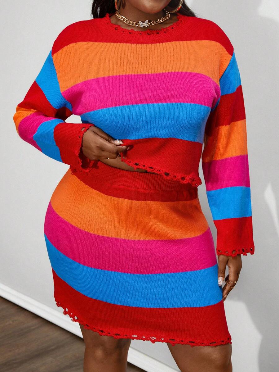 Maweii Plus Size Striped Crew Neck Long Sleeve Top & A-Line Skirt Casual Knitted Sweater 2 Pieces Set - Red - View 1