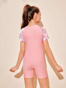 SHEIN Tween Girls Plant Print Zipper Front One-Piece Swimsuit, Summer Beach Summer Holiday - Pink - View 2