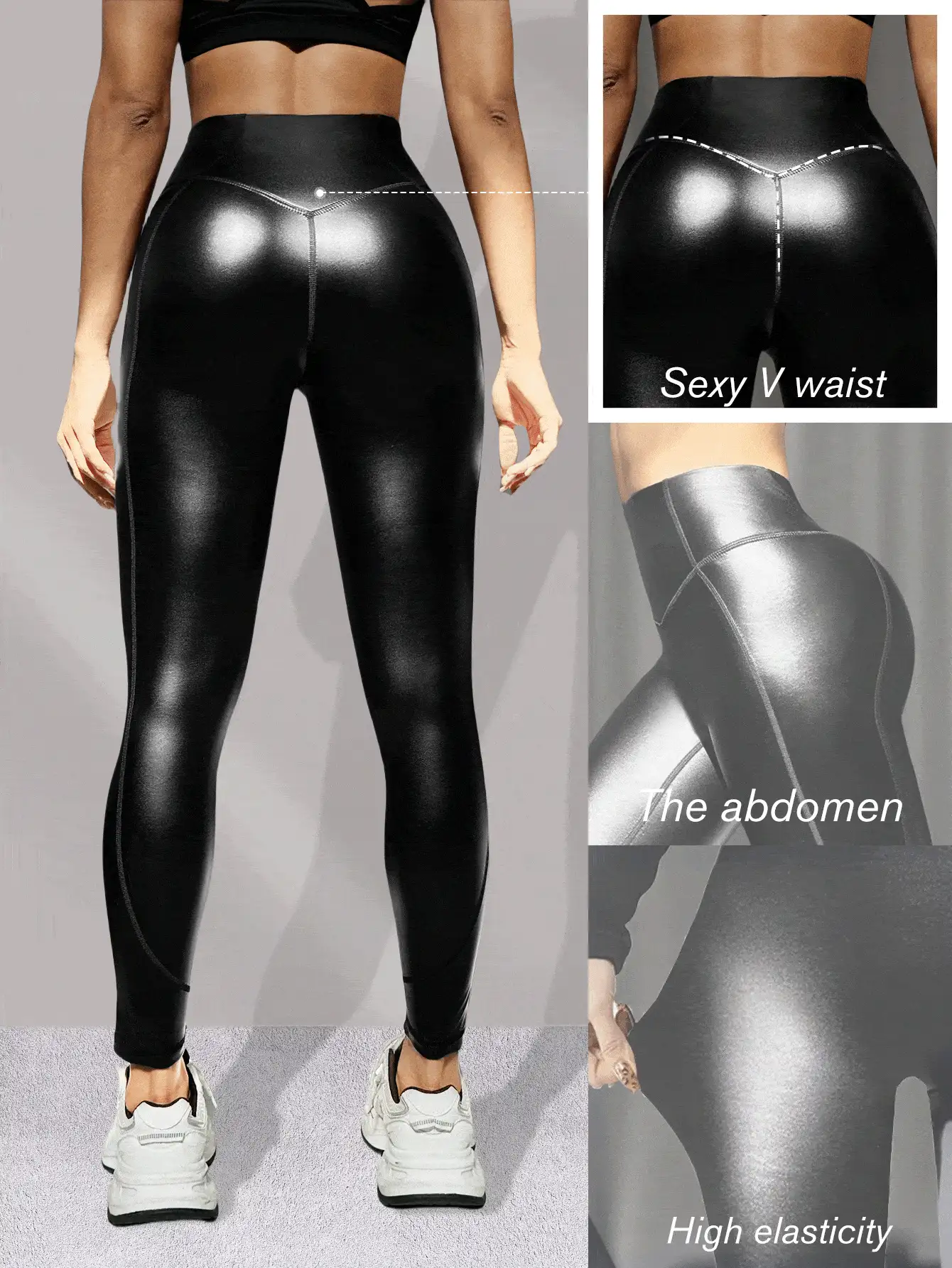 Gameset SHEIN Sport Leggings in finta pelle con fodera termica da donna, vita alta modellante, pantaloni da yoga caldi, antivento, a prova di squat e con controllo addominale, per corsa, allenamento e abbigliamento casual invernale - nero - Visualizzare 2