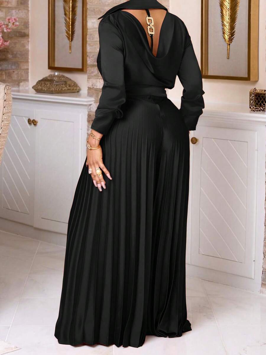 SHEIN Clasi 2pcs Women's Solid Color Front Button Long Sleeve Blouse And Skirt Casual Set - Black - View 1