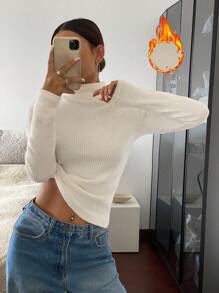 SHEIN Frenchy Camiseta de cuello alto ajustada de unicolor cálida para otoño/invierno, retro, elegante para mujer, ropa de festival, casual de negocios, blusas de mujer, ropa elegante de otoño para mujer, disfraces de fiesta, disfraces navideños, disfraces de cita, disfraces de fiesta, disfraces de Halloween