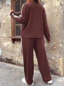 SHEIN LUNE 2pcs Plus Size Casual Color Blocking Long Sleeve Top And Pants Sets, Autumn - Multicolor - View 2