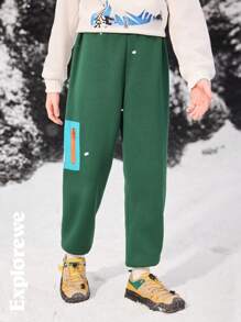 SHEIN Tween Boys Letter Print Side Zip Design Loose Fit Patchwork Sweatpants - Green - View 6