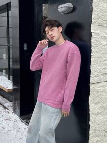 Manfinity Hypemode Men Solid Crew Neck Casual Pullover Sweater - Dusty Pink - View 3