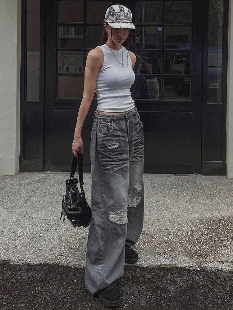 Women Loose Distressed Jeans, Fashionable Street Style