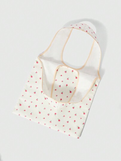 Kawaii 1pc Cute Ditsy Floral Foldable Tote Bag For Women, White