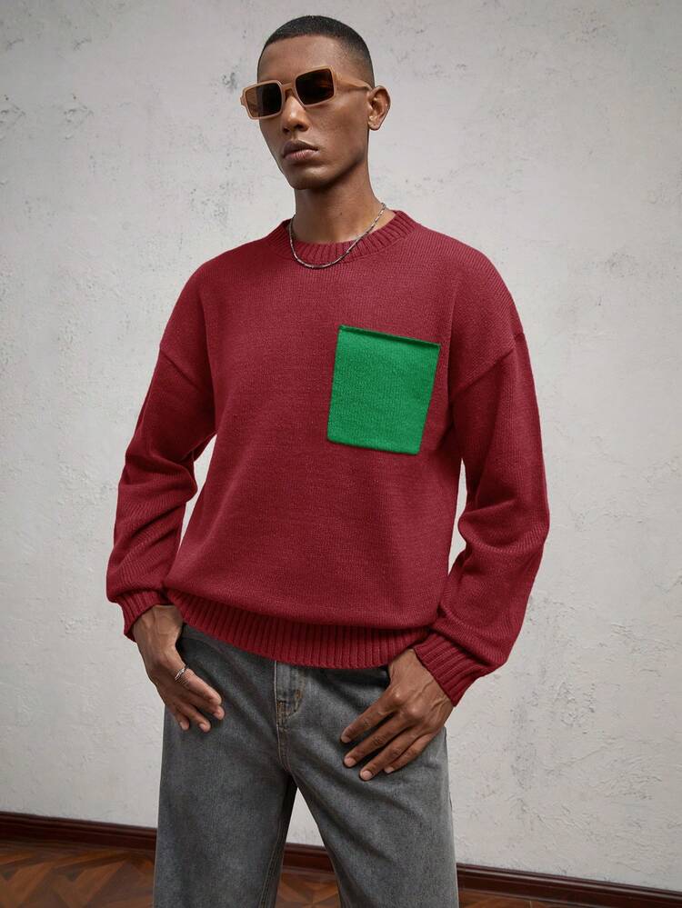 Men's Loose Knitted Crew Neck Drop Shoulder Casual Long Sleeve Sweater, Color Patchwork Wine Red, Suitable For Autumn & Winter