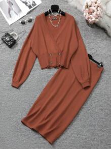 Mulvari Plus Size Women Solid Color Drop Shoulder Long Sleeve Cardigan And Knitted A-Line Skirt Casual Suit Set, Autumn/Winter