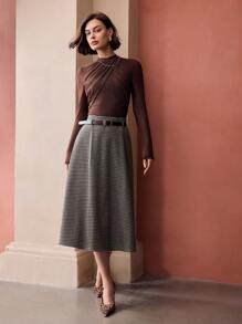 MOTF PREMIUM VÁY XÒE IN HÌNH HOUNDSTOOTH CÓ THẮT LƯNG KHÓA - Cà phê nâu - Xem 4