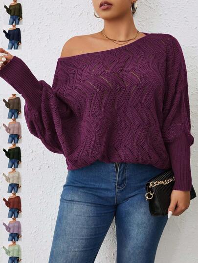 Vionelle Suéter holgado de punto con cuello asimétrico y mangas de murciélago para mujer de talla grande, otoño/invierno, suéter de punto de otoño, rojo, fiesta, Navidad