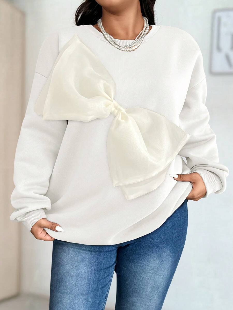Calvaya Plus Size Solid Color Large Bow Decoration Round Neck Casual Versatile Long Sleeve Sweatshirt Pullover Fall - White - View 1