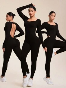 SHEIN Sport Studio Plain Crew Neck Long Sleeve Open Back Minimalist Jumpsuit - Casual Everyday Wear