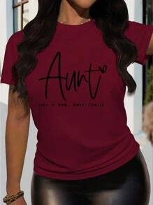 SHEIN 夏季女式英文口号印花修身休闲圆领短袖 T 恤新年衣服图案 T 恤女式上衣 - 紅色 - 查看 3