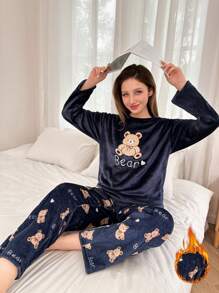 Women 2pcs Plush Bear Embroidery Allover Print Long Fluffy Pajama Set, Autumn/Winter, Fall Winter Clothes