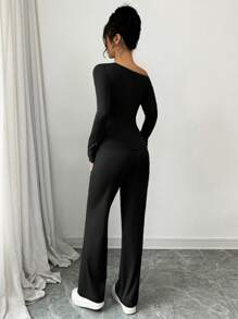 Calvaya Women Casual 2pcs Set: Oblique Shoulder Elastic Top And Contrast Waist Band Elastic Pants