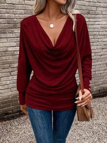 SHEIN Clasi Draped Collar Batwing Sleeve Tee Fall Cloth For Women - Burgundy - View 6
