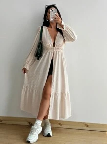 Flirla 加大码提花面料蕾丝拼接撞色荷叶边下摆长款分层泡泡袖 V 领 A 字型衬衫 - 杏色 - 查看 4
