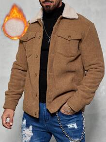 Manfinity Homme 男士休闲灯芯绒保暖内衬夹克，秋冬季外出保暖长袖卡其色拼色夹克，适合朋友、丈夫、男朋友的礼物 - 咖啡棕 - 查看 6