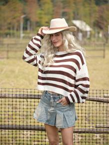 LanaWest Striped Print Crew Neck Casual Pullover Sweater Knit Pullover Fall Winter - Multicolor - View 6