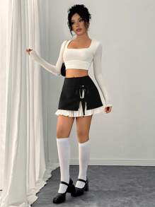 Almamuse 女士休闲系带前色块荷叶边下摆半身裙，夏季迷你短款女装 - 黑色 - 查看 6