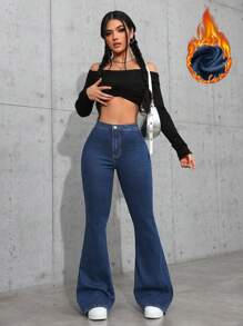 SHEIN Privé Women's High Waist Flared Casual Thermal Lined Denim Jeans, Thanksgiving Christmas Women, Autumn/Winter