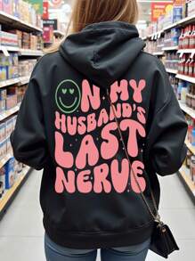 1pc Women Fashion Casual Smiling Face Slogan Graphic Print Hoodie Sweatshirt, Autumn/Winter Pullover Fall Outfit