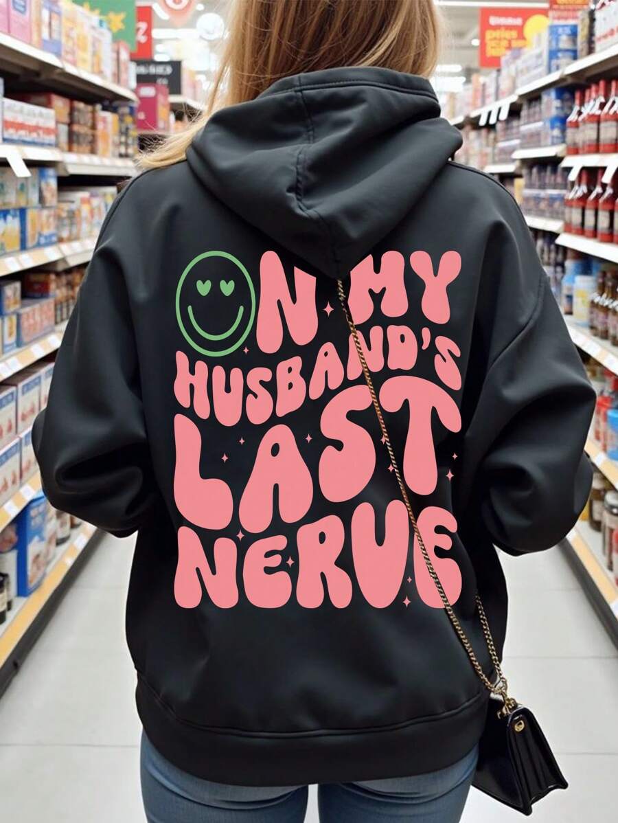 1pc Women Fashion Casual Smiling Face Slogan Graphic Print Hoodie Sweatshirt, Autumn/Winter Pullover Fall Outfit