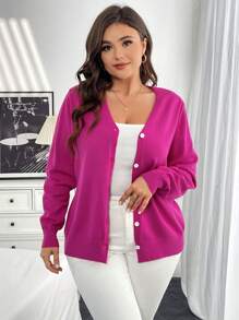 SHEIN Essnce Plus Size Women's Fashionable Vacation Valentine's Day Beach Women Outfits Fall Women Dresses Christmas Women Clothes Formal Women Dresses Summer Women Outfit Thanksgiving Holiday Business Casual Women Elegant Women Dresses Commuting Elegant Casual Rose Red Pink Loose Knitted Sweater Cardigan - Apricot - View 6