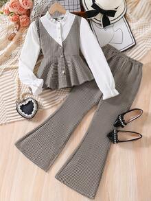 مجموعة قميص كم طويل بياقة مكسرة مع بنطال منسوج مرب...