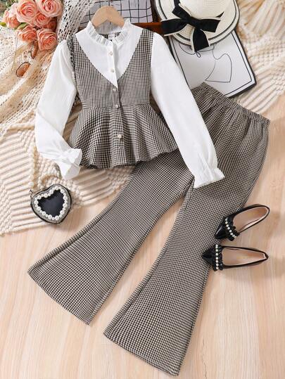 Tween Girls Fall Outfits 2pcs/Set Spring And Autumn Casual Elegant Woven Plaid Frill Collar Bubble Long Sleeve Shirt + Simple Plaid Woven Trousers...